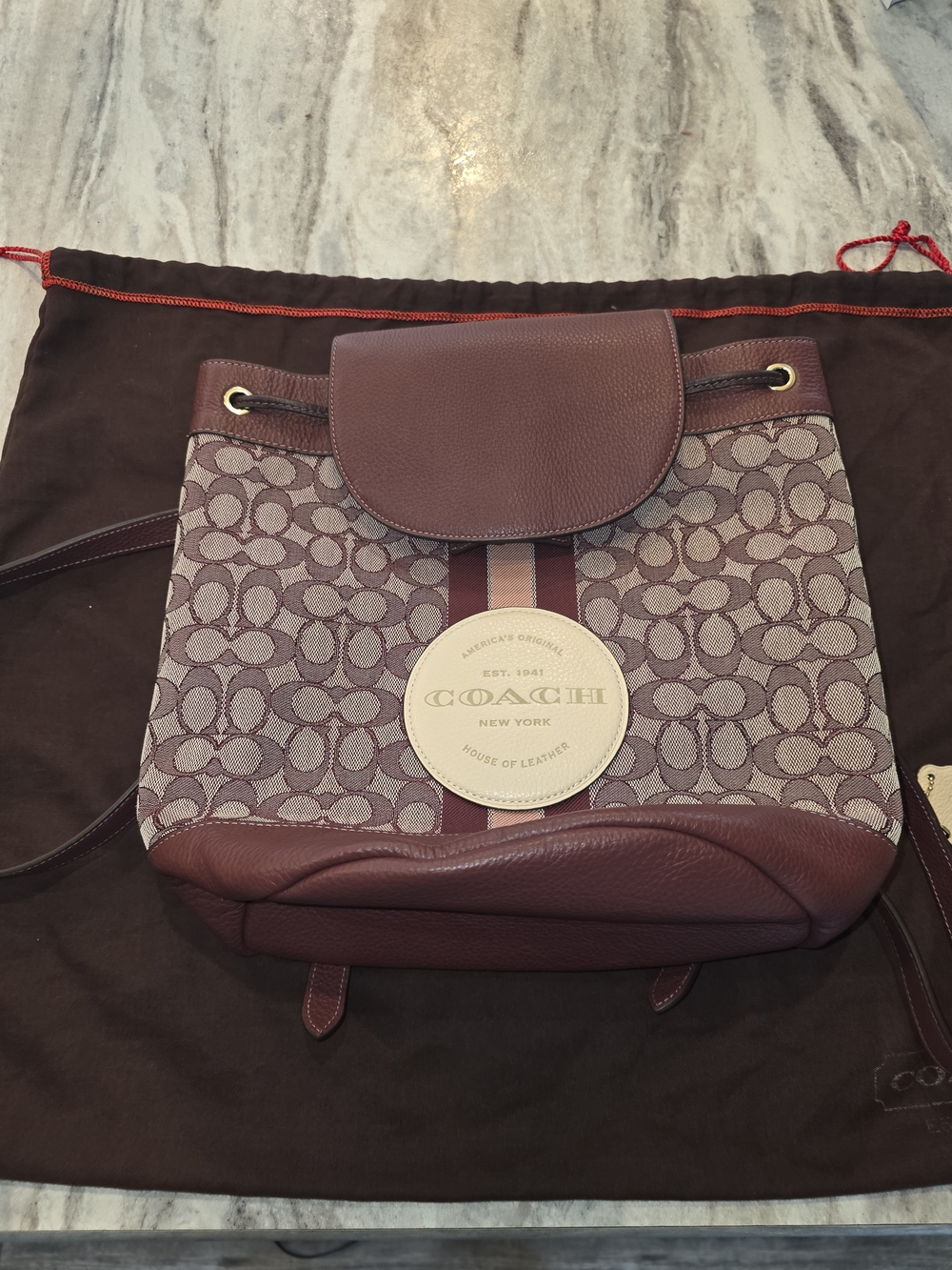 Coach  Dempsy Drawstring Backpack In Signature Jacquard With Stripe Wine Auth.